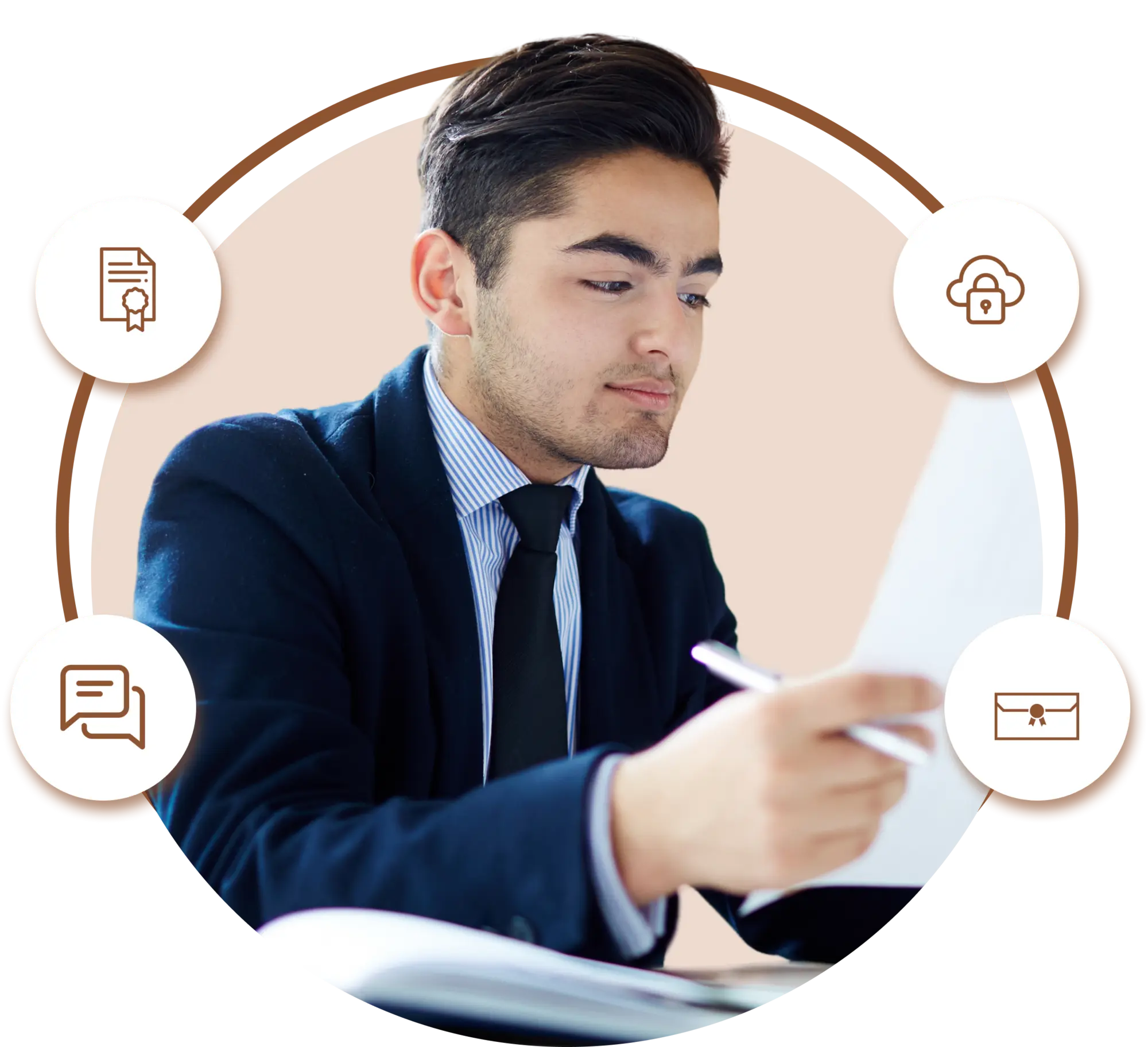 A man in a suit examines a document with a focused expression
