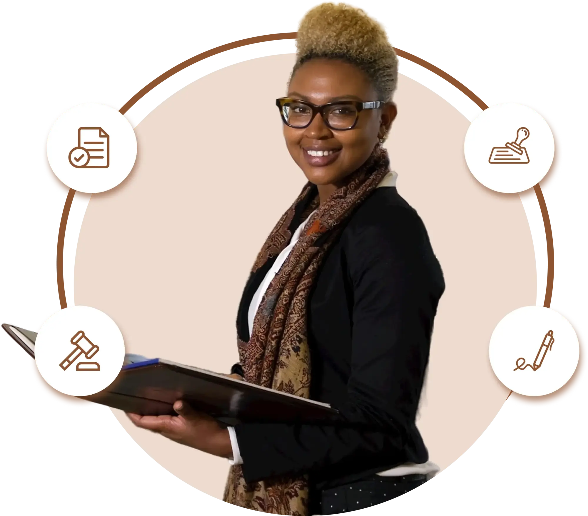 A woman wearing glasses holds a clipboard and a folder, appearing focused and engaged in her work