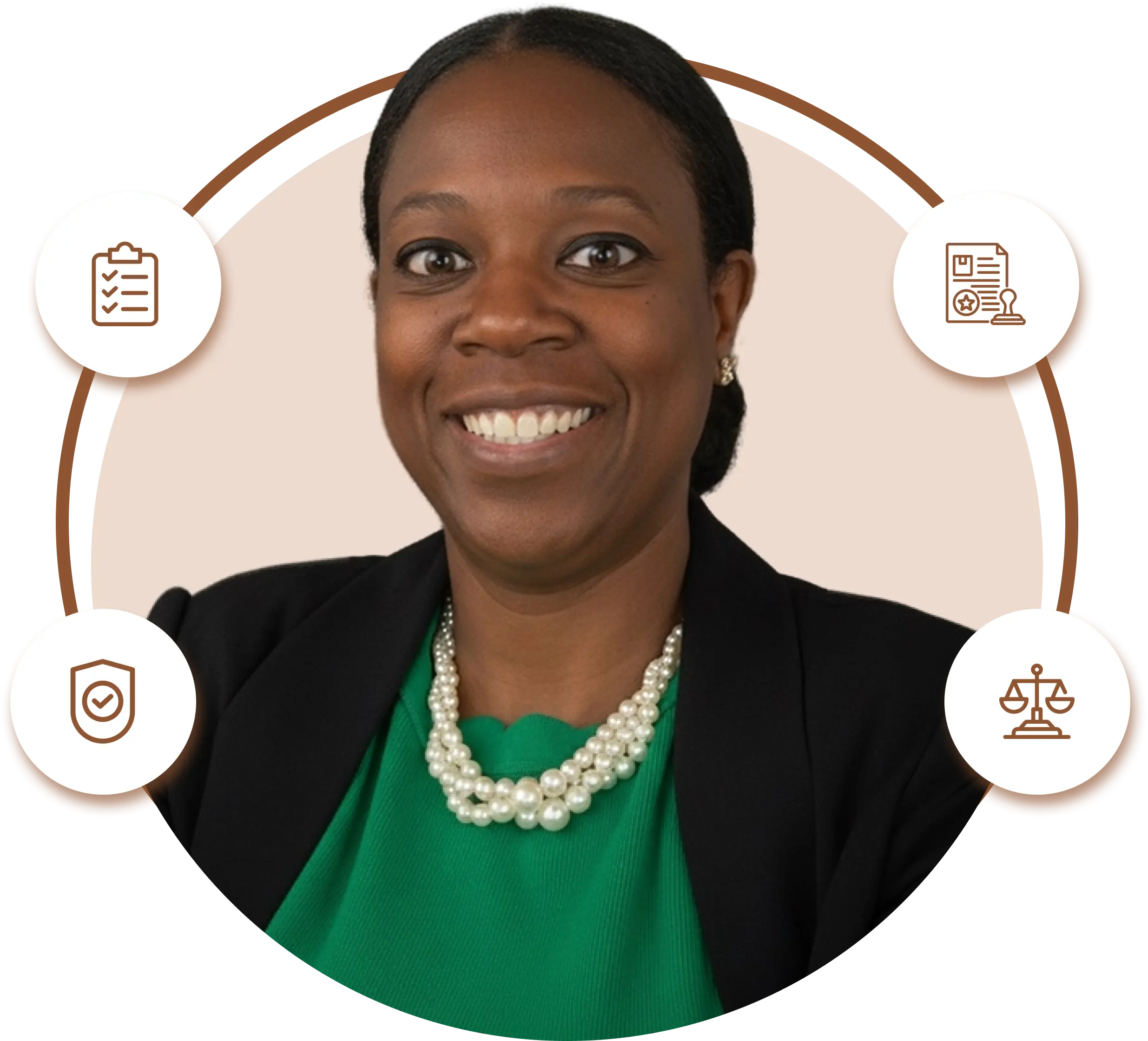 Smiling woman in a blazer and pearl necklace against a beige background